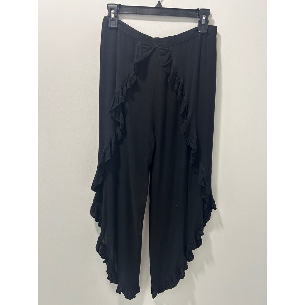 Zury Black Ruffle Split Leg Tulip Pants Rayon Boho Wide Leg Relax Fitโ Size S/M